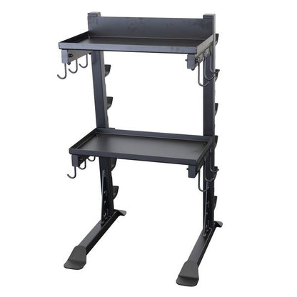 Body-Solid Pro Clubline Storage Rack SAR100 featuring two shelves and multiple hooks for organizing fitness equipment.