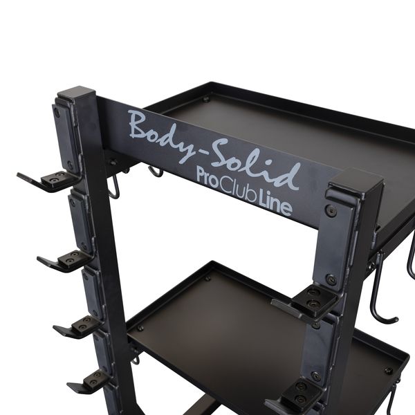 Close-up of the Body-Solid Pro Clubline Storage Rack SAR100, showcasing its sturdy design with multiple hooks and shelves for efficient storage.