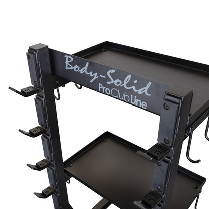 Close-up of the Body-Solid Pro Clubline Storage Rack SAR100, showcasing its sturdy design with multiple hooks and shelves for efficient storage.
