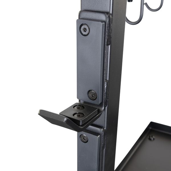 Close-up view of the Body-Solid Pro Clubline Storage Rack SAR100, highlighting the adjustable hook and mounting features on the rack's frame.