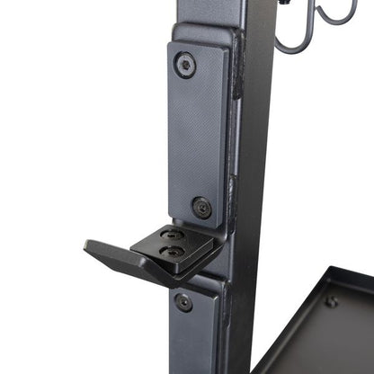 Close-up view of the Body-Solid Pro Clubline Storage Rack SAR100, highlighting the adjustable hook and mounting features on the rack's frame.