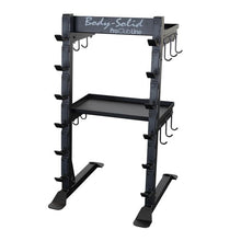Body-Solid Pro Clubline Storage Rack SAR100, a sturdy black storage rack with multiple hooks and a flat shelf for organizing gym equipment.