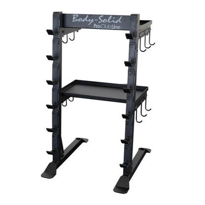 Body-Solid Pro Clubline Storage Rack SAR100, a sturdy black storage rack with multiple hooks and a flat shelf for organizing gym equipment.