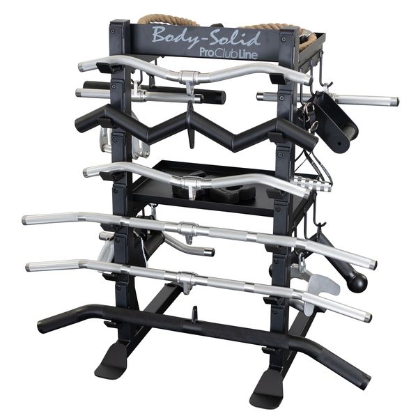 Body-Solid Pro Clubline Storage Rack SAR100 displaying multiple weightlifting bars organized on a sturdy black metal frame.