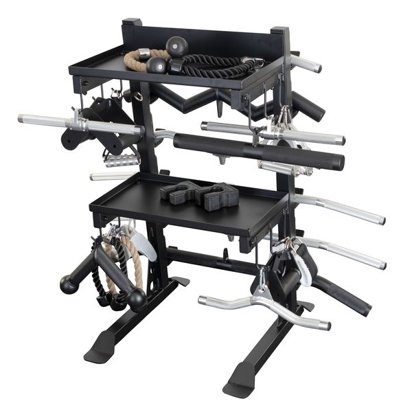 Body-Solid Pro Clubline Storage Rack SAR100 displaying various fitness attachments, including cables, weights, and handles, organized on a sturdy black frame.