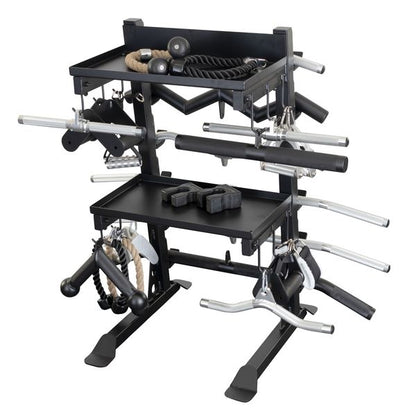 Body-Solid Pro Clubline Storage Rack SAR100 displaying various fitness attachments, including cables, weights, and handles, organized on a sturdy black frame.