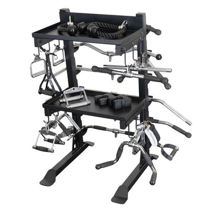 Body-Solid Pro Clubline Storage Rack SAR100 displaying various gym attachments and weights on a sturdy black metal frame.