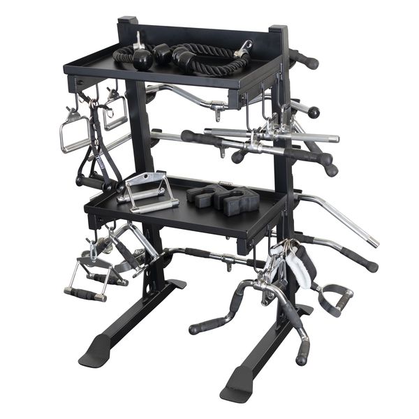 Body-Solid Pro Clubline Storage Rack SAR100 displaying various gym accessories, including cables, bars, and weights, organized on multiple shelves.