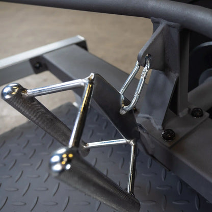 Close-up view of the Body-Solid Pro Clubline T-Bar Row Machine STBR500, showcasing the handle attachment and metal hook.