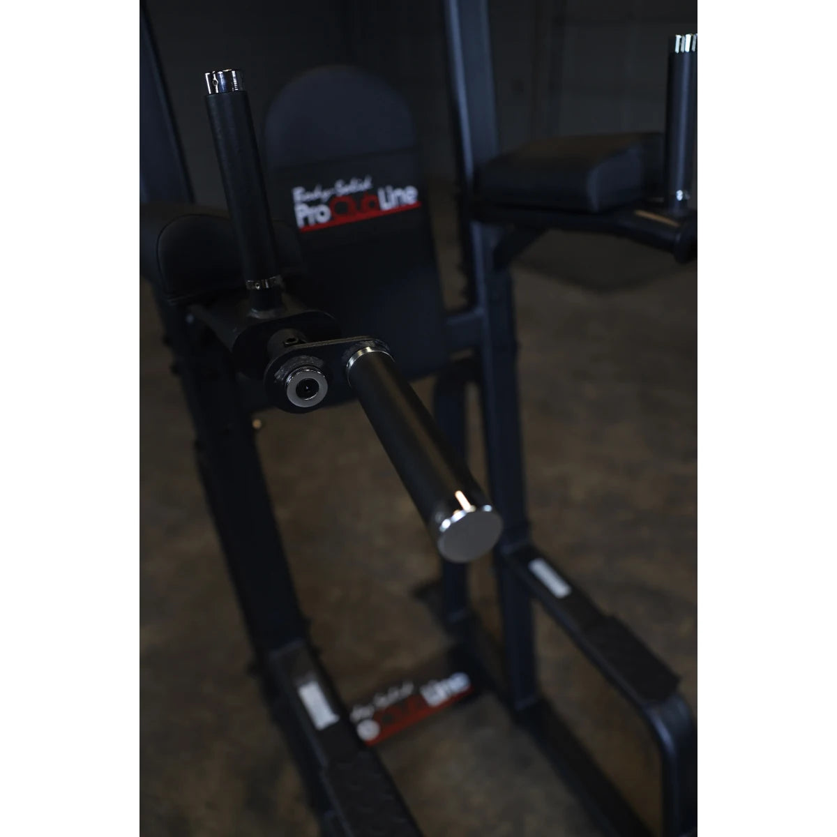 Close-up view of the Body-Solid Pro Clubline Vertical Knee Raise SVKR1000, showcasing the padded support and vertical handles.