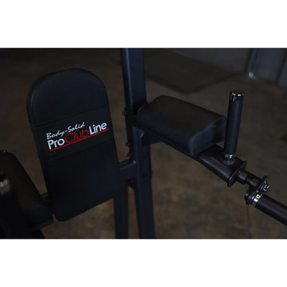 Close-up view of the Body-Solid Pro Clubline Vertical Knee Raise SVKR1000, featuring padded support and handles.