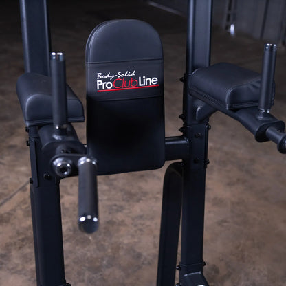 Close-up view of the Body-Solid Pro Clubline Vertical Knee Raise SVKR1000, showcasing its padded support and handles for effective workout sessions.