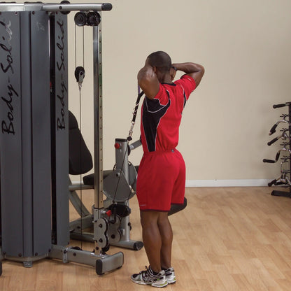 Person using the Body-Solid Pro Dual Cable Column Machine DPCCSF for an exercise in a gym setting.