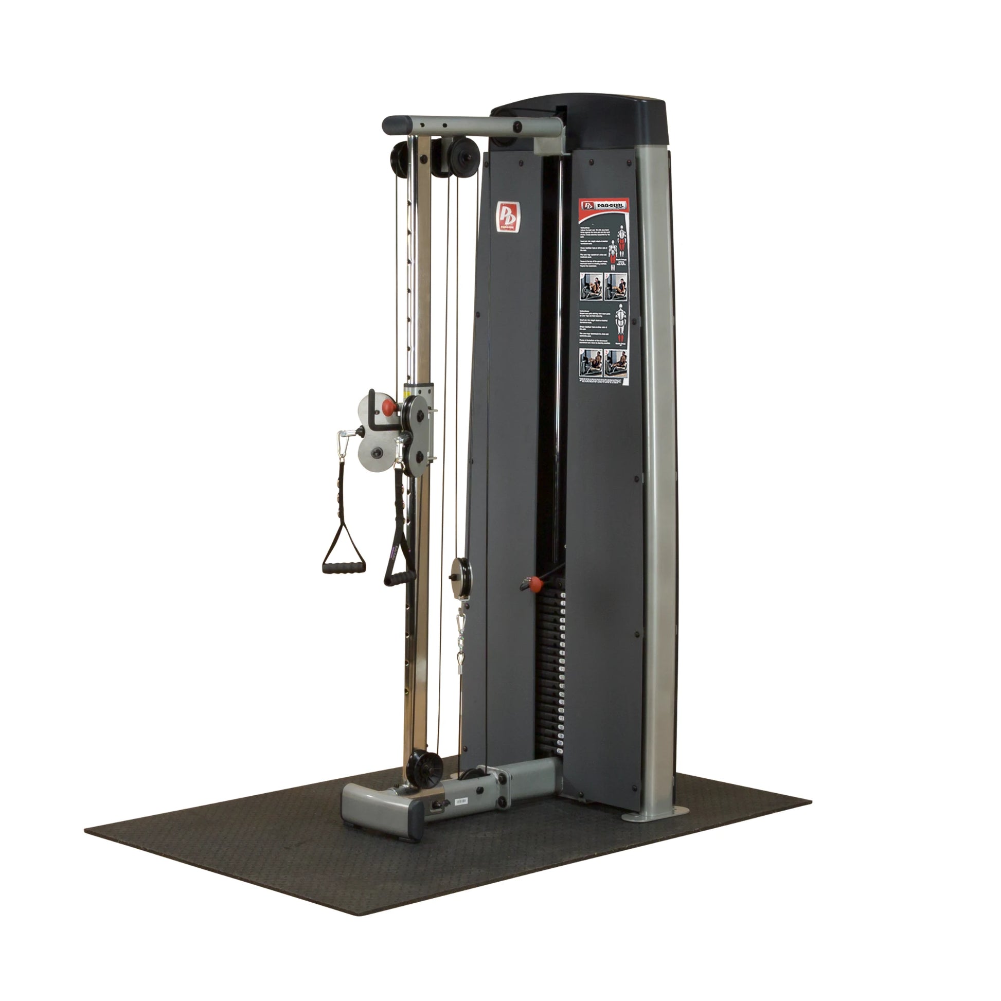Body-Solid Pro Dual Cable Column Machine DPCCSF, a fitness equipment featuring two cable columns for versatile strength training exercises, set on a rubber mat.