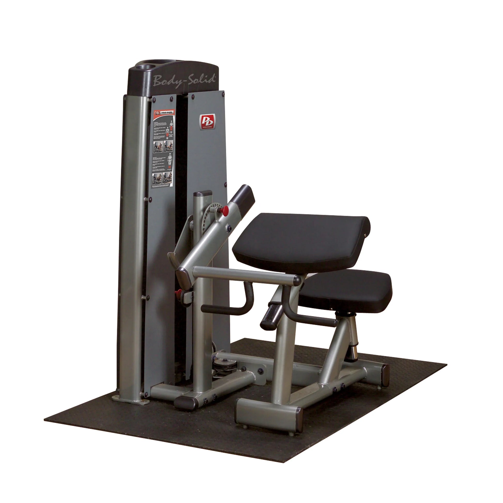 Body-Solid Pro Dual Bicep & Tricep Machine DBTCSF, featuring adjustable seating and dual exercise stations for bicep and tricep workouts, set on a rubber mat.