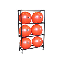Red exercise balls on a black metal storage rack with wheels.