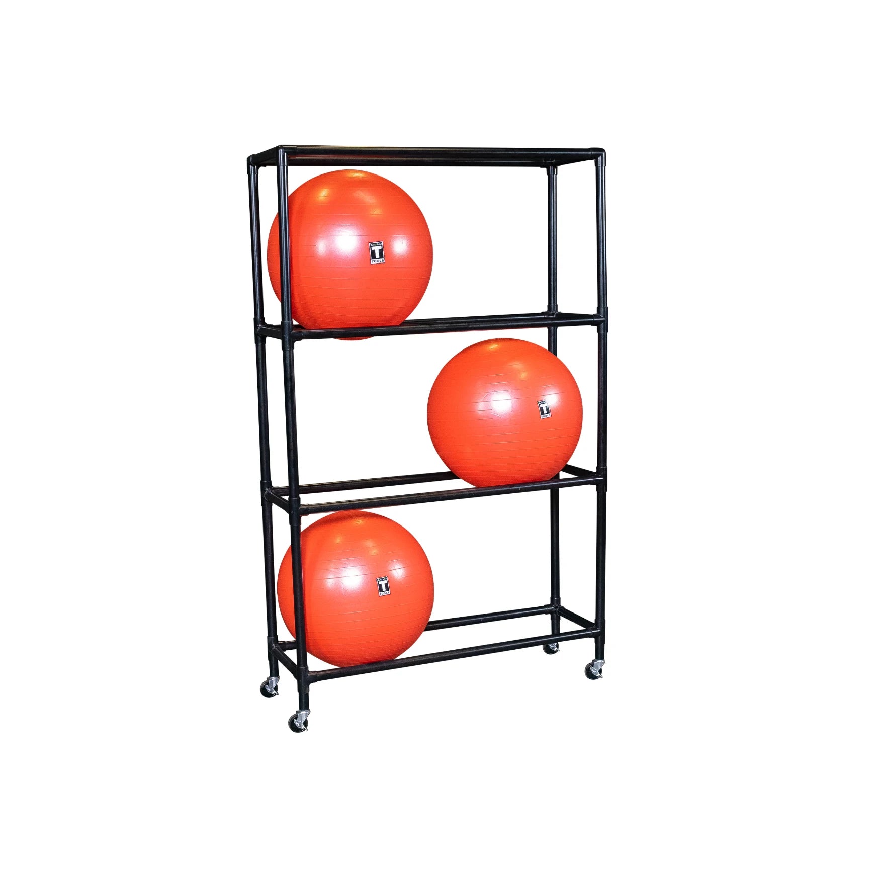 Red exercise balls on a black metal storage rack with wheels.