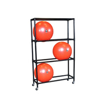 Red exercise balls on a black metal storage rack with wheels.