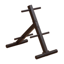 Black steel weight plate rack with six storage pegs for gym organization.