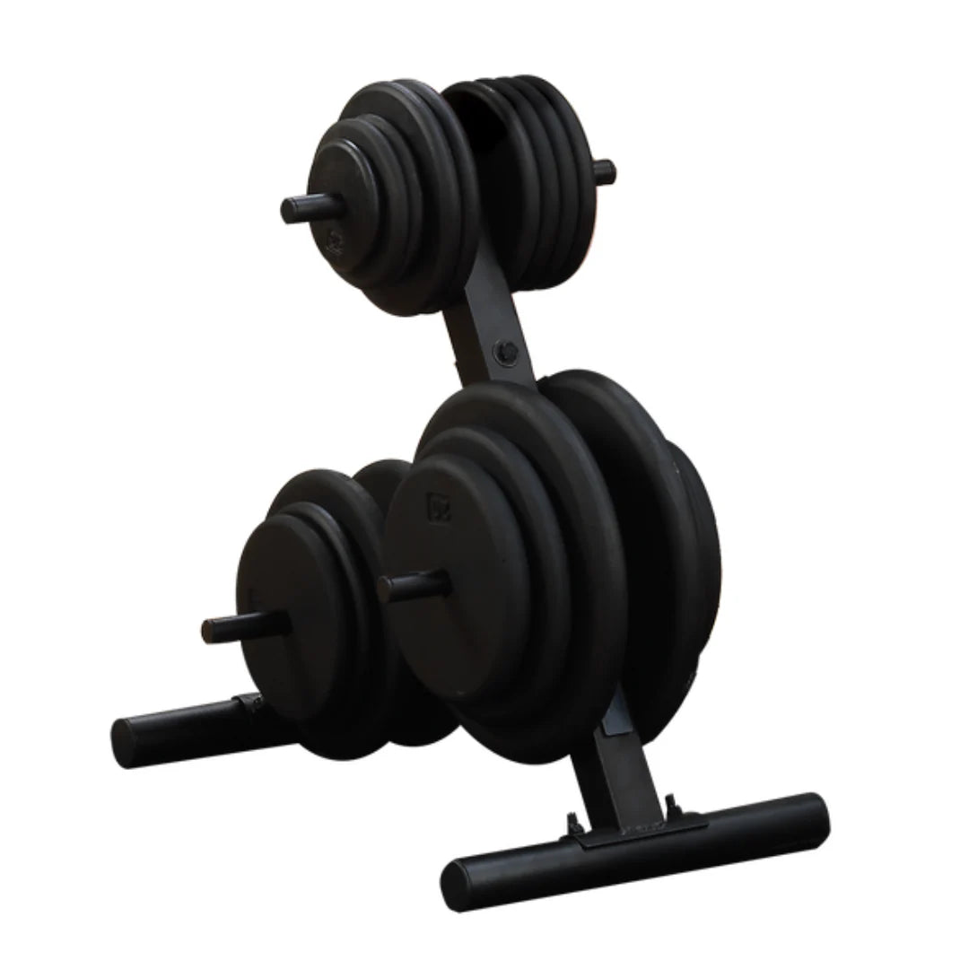 Black weight plate rack holding multiple gym weights for organized storage.