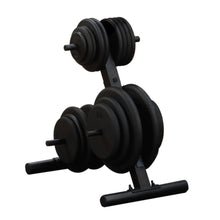 Black weight plate rack holding multiple gym weights for organized storage.