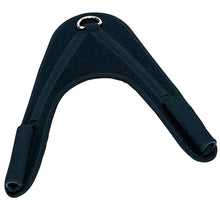 Black nylon neck harness with padded handles for strength training.