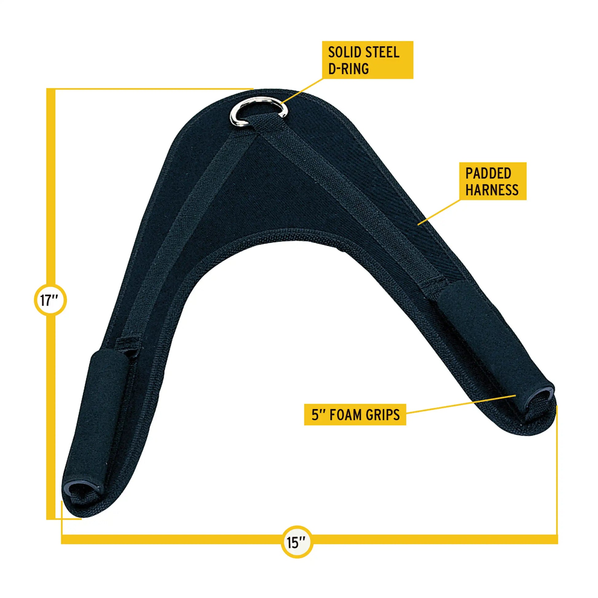 Black padded harness with solid steel D-ring and 5 foam grips, 17 x 15.
