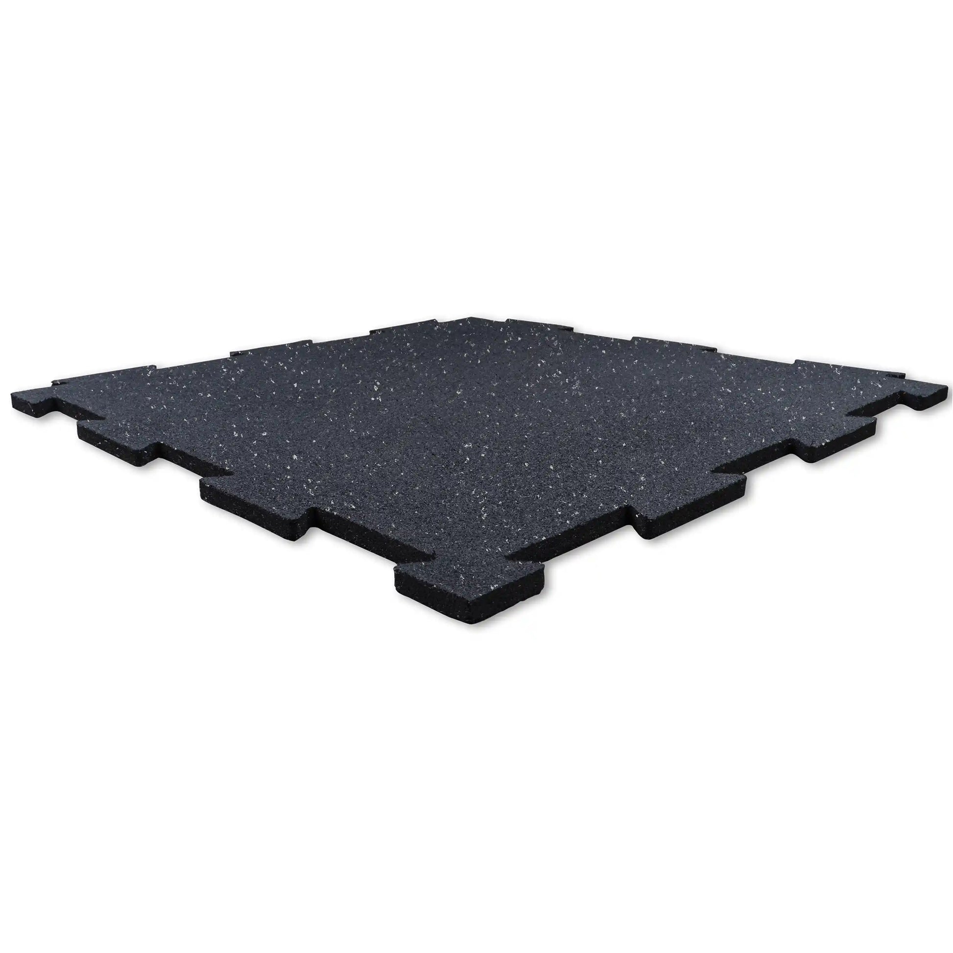 Black interlocking rubber gym mat with speckled design for high-impact flooring.