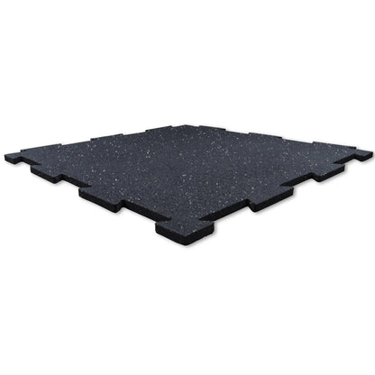 Black interlocking rubber gym mat with speckled design for high-impact flooring.