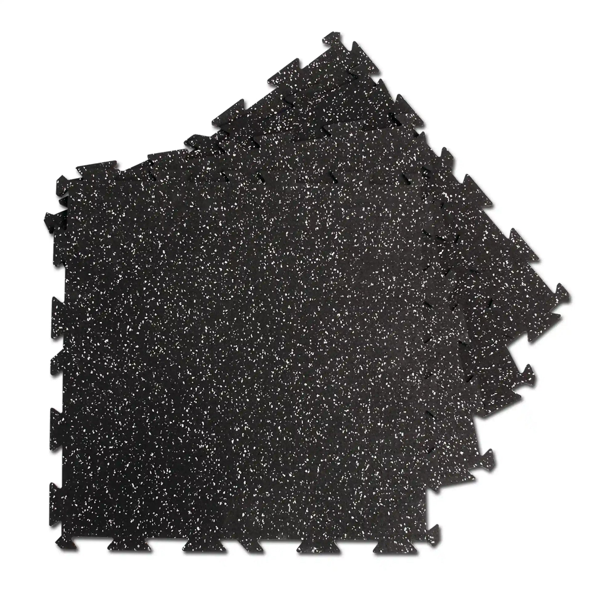 Interlocking black speckled rubber gym floor tiles for durable and slip-resistant fitness flooring.