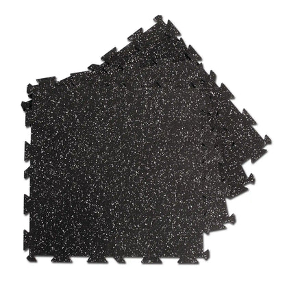 Interlocking black speckled rubber gym floor tiles for durable and slip-resistant fitness flooring.