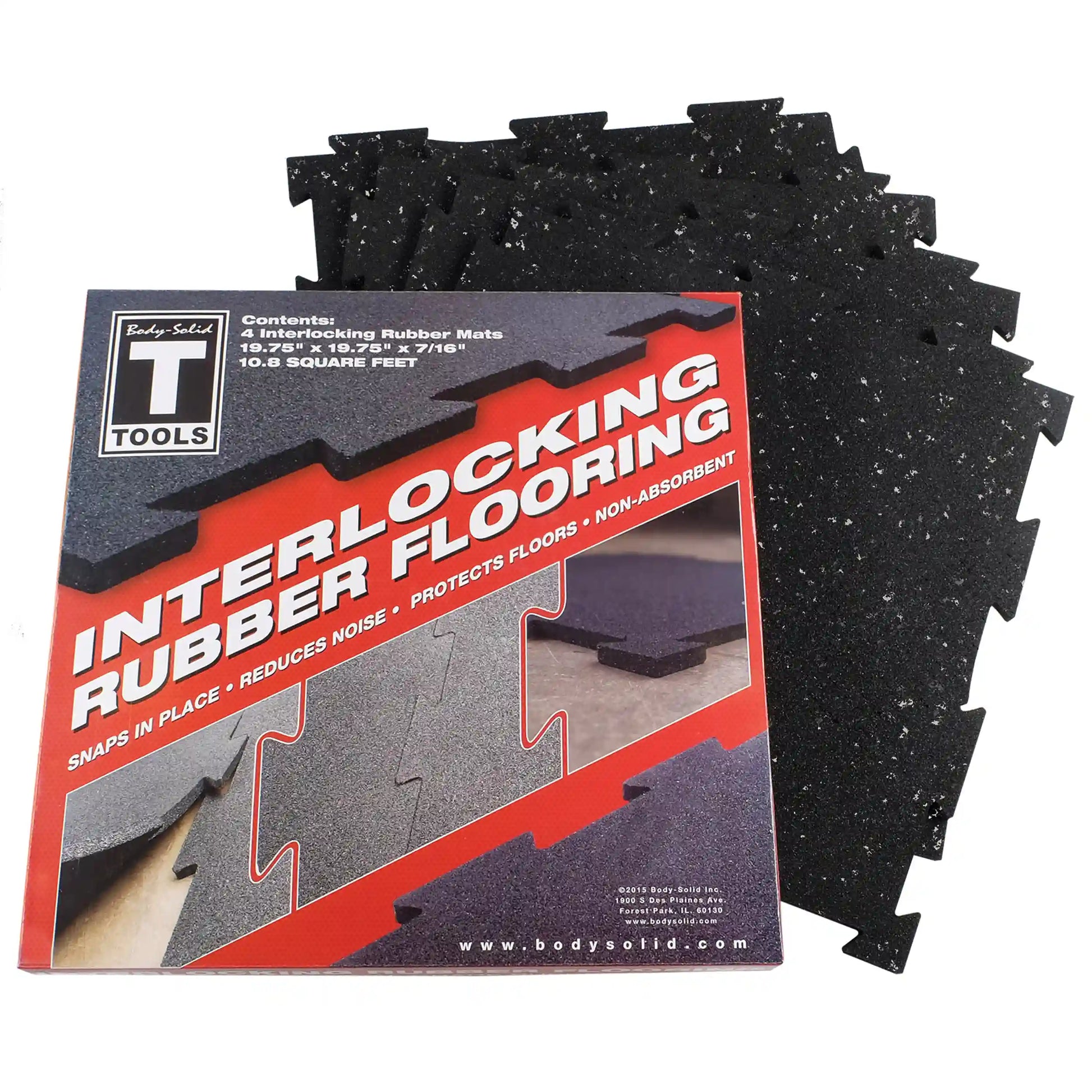 Body-Solid interlocking rubber flooring mats in black with noise reduction feature.