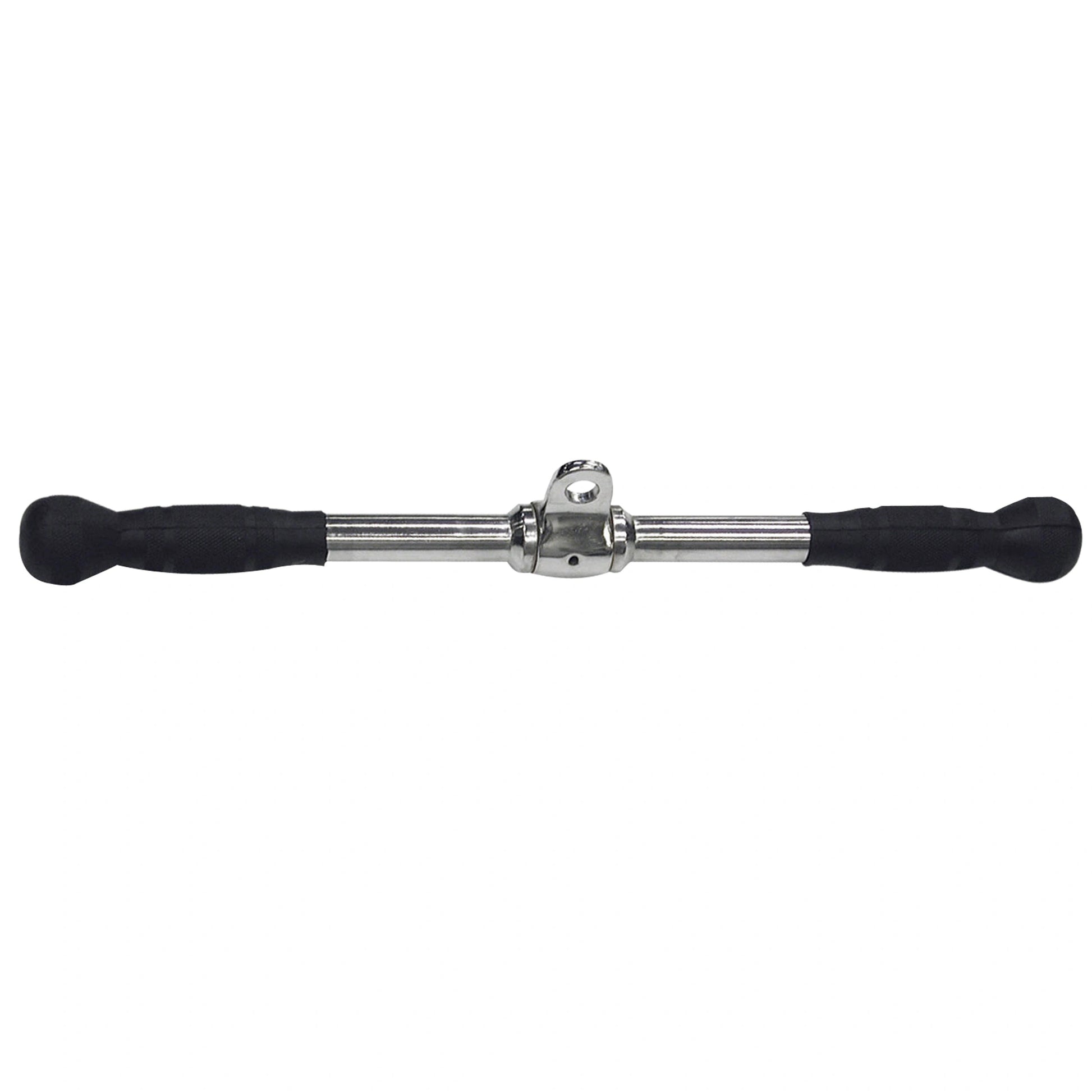 Chrome tricep press down bar with black rubber grips for gym equipment.