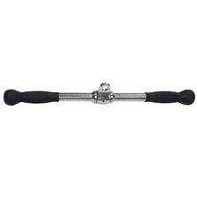Chrome tricep press down bar with black rubber grips for gym equipment.