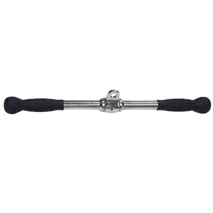 Chrome tricep press down bar with black rubber grips for gym equipment.