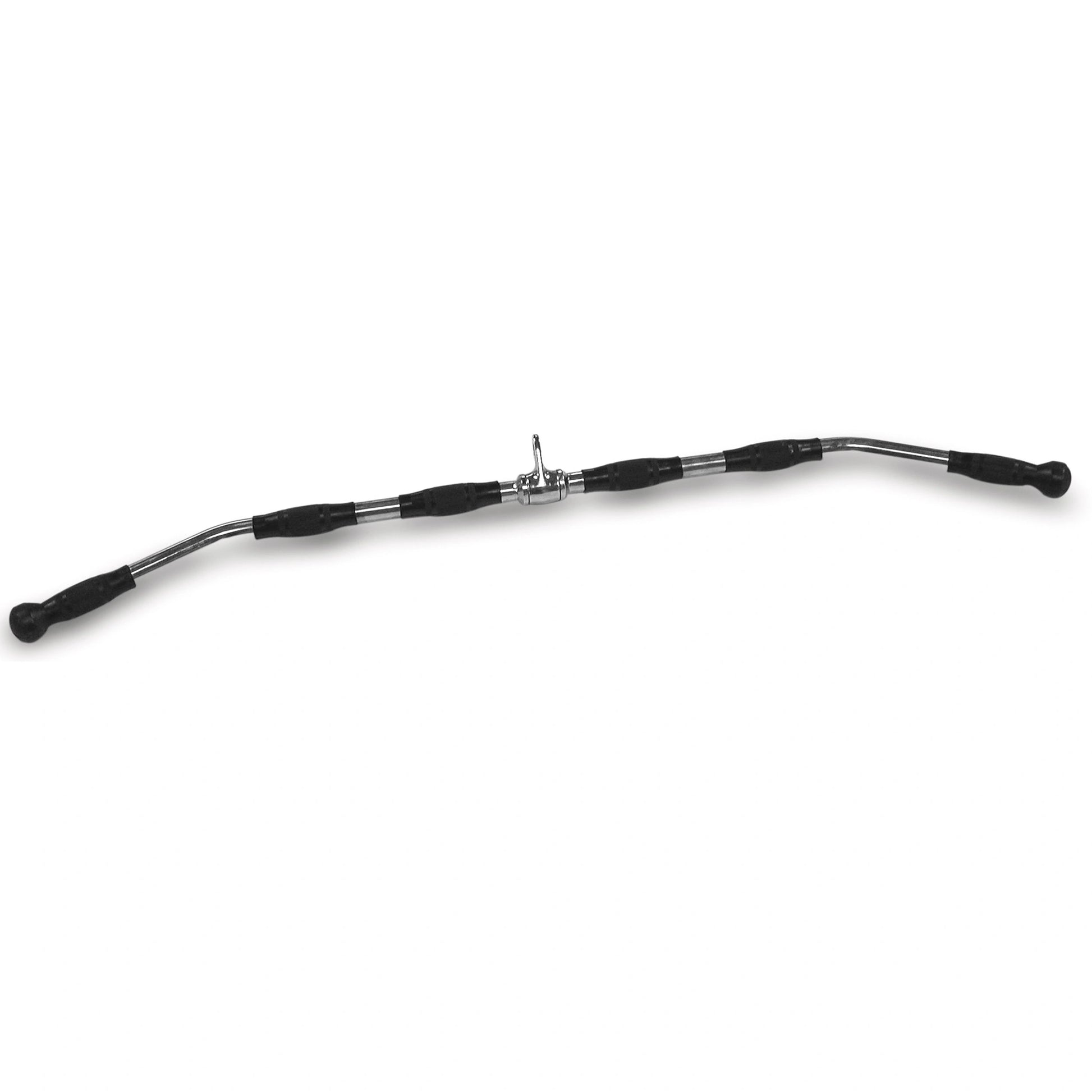 Chrome lat pulldown bar with black rubber grips for gym equipment.