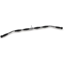 Chrome lat pulldown bar with black rubber grips for gym equipment.