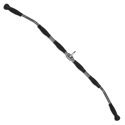 Chrome and black cable attachment bar with rubber grips for gym equipment.