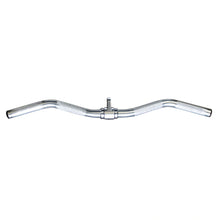 Silver steel handlebar with textured grips for bicycles.
