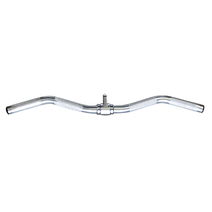 Silver steel handlebar with textured grips for bicycles.