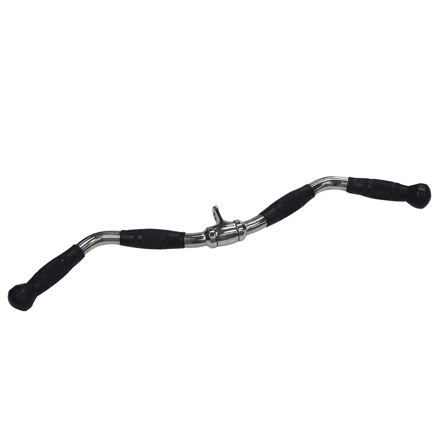Chrome tricep bar with black rubber grips for weightlifting exercises.