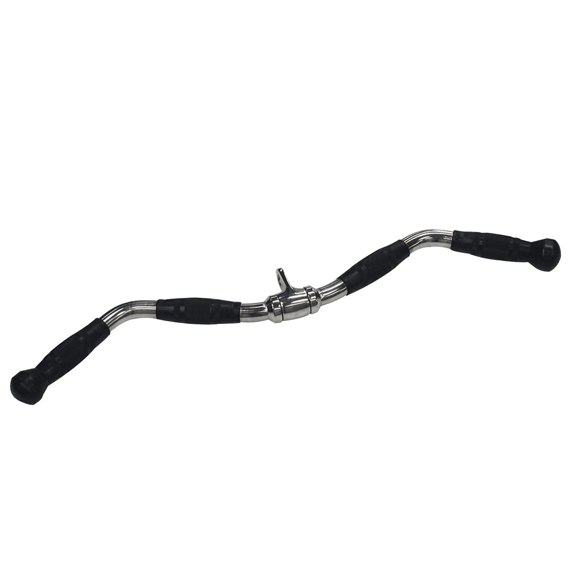 Chrome tricep bar with black rubber grips for weightlifting exercises.