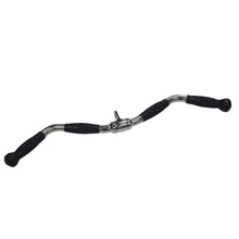 Chrome tricep bar with black rubber grips for weightlifting exercises.