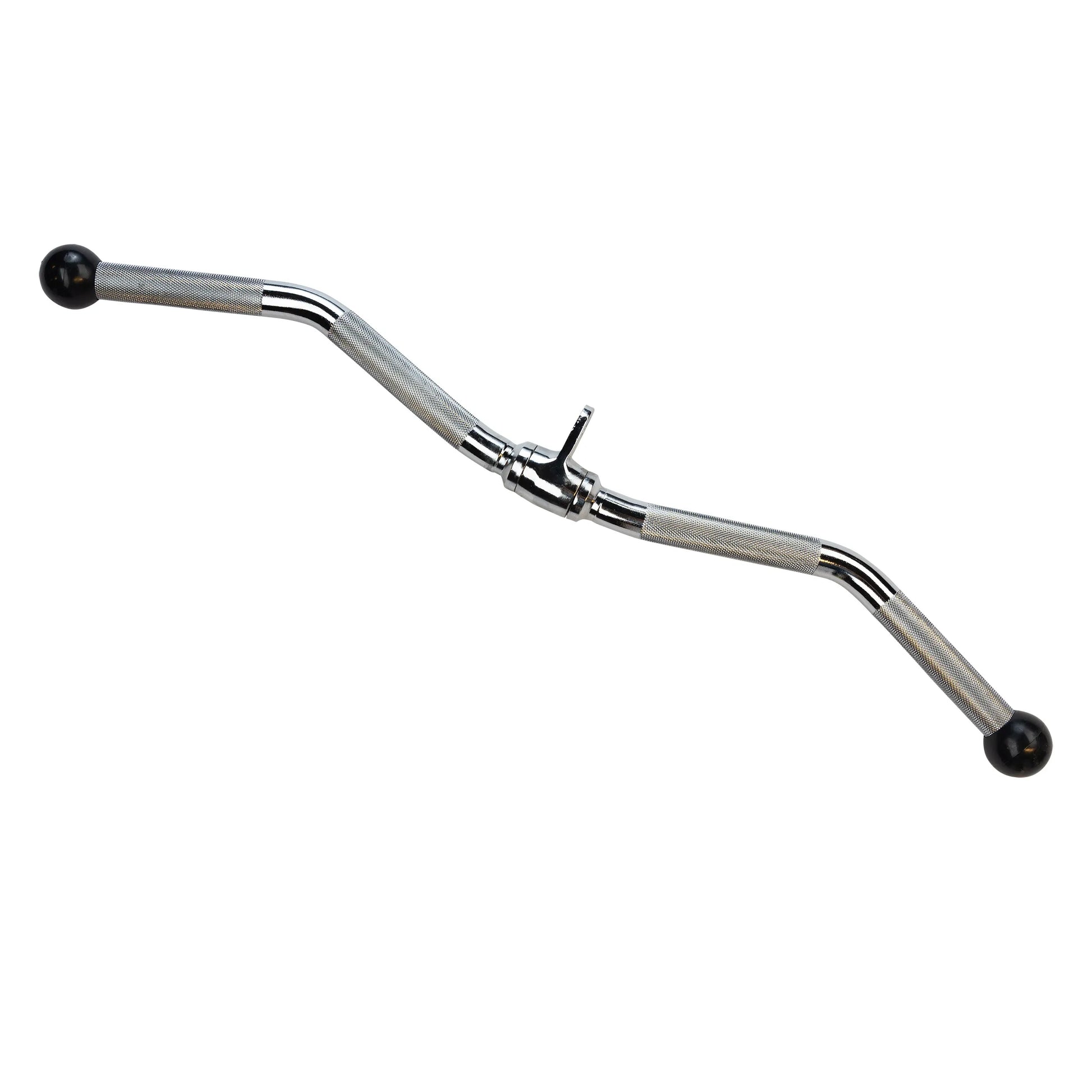 Chrome tricep bar with black rubber ends for gym cable machines.