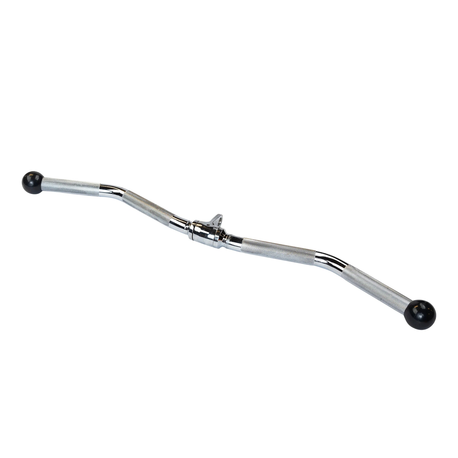 Chrome steel lat pulldown bar with knurled grips and black end caps.