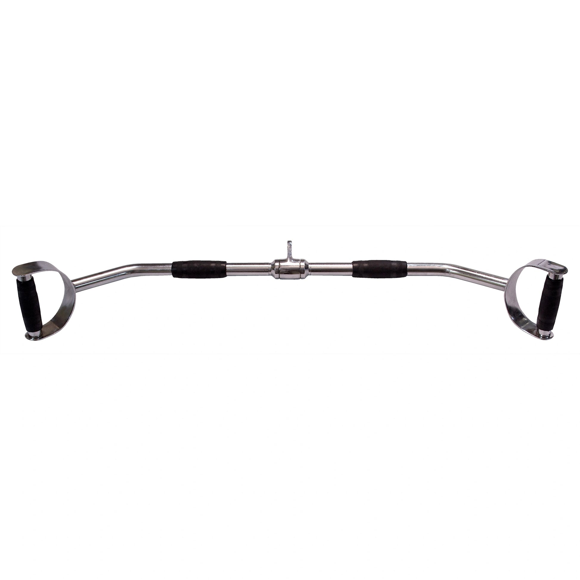 Chrome tricep bar with ergonomic black grips for gym workouts.