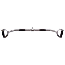 Chrome tricep bar with ergonomic black grips for gym workouts.