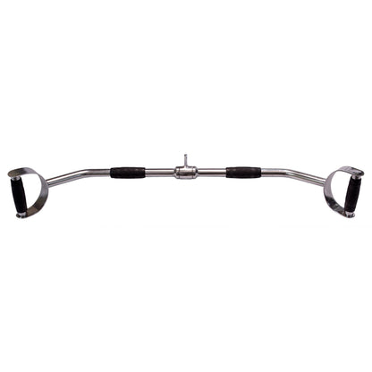 Chrome tricep bar with ergonomic black grips for gym workouts.