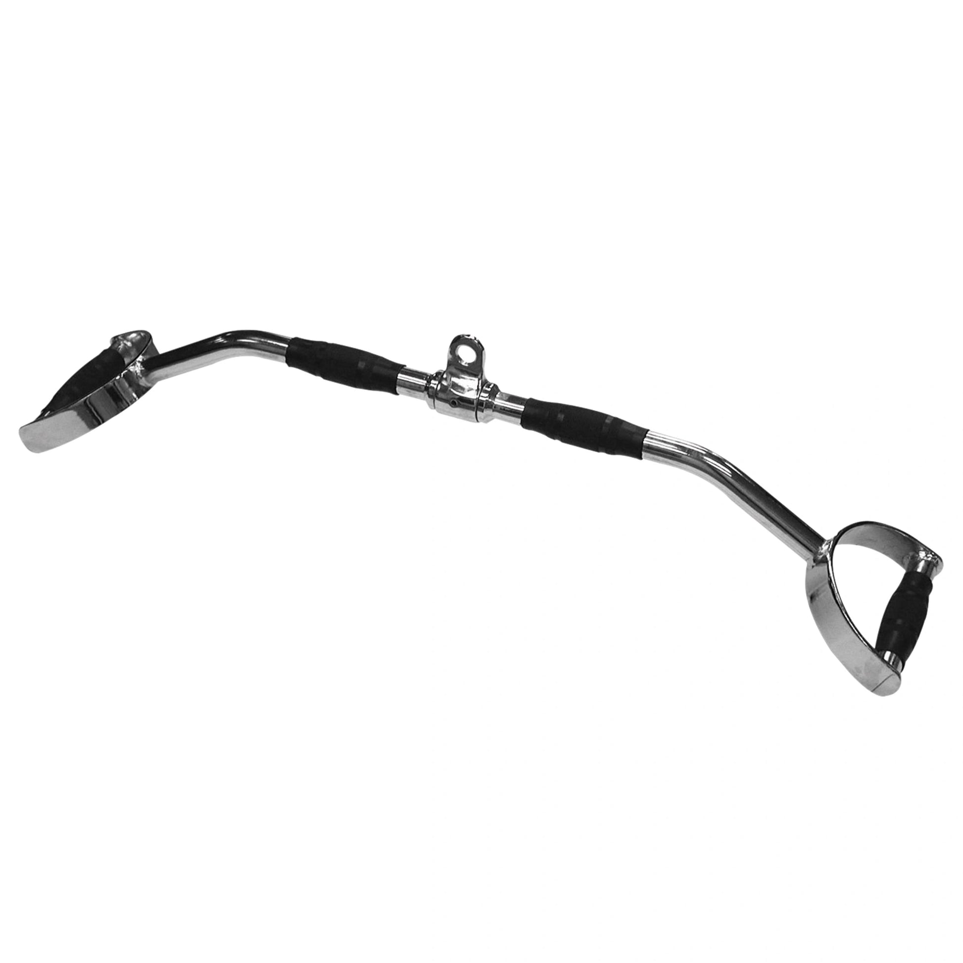 Chrome multi-exercise cable attachment bar with rubber grips for gym workouts.