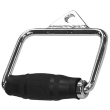 Chrome-plated cable machine handle with black rubber grip for gym workouts.
